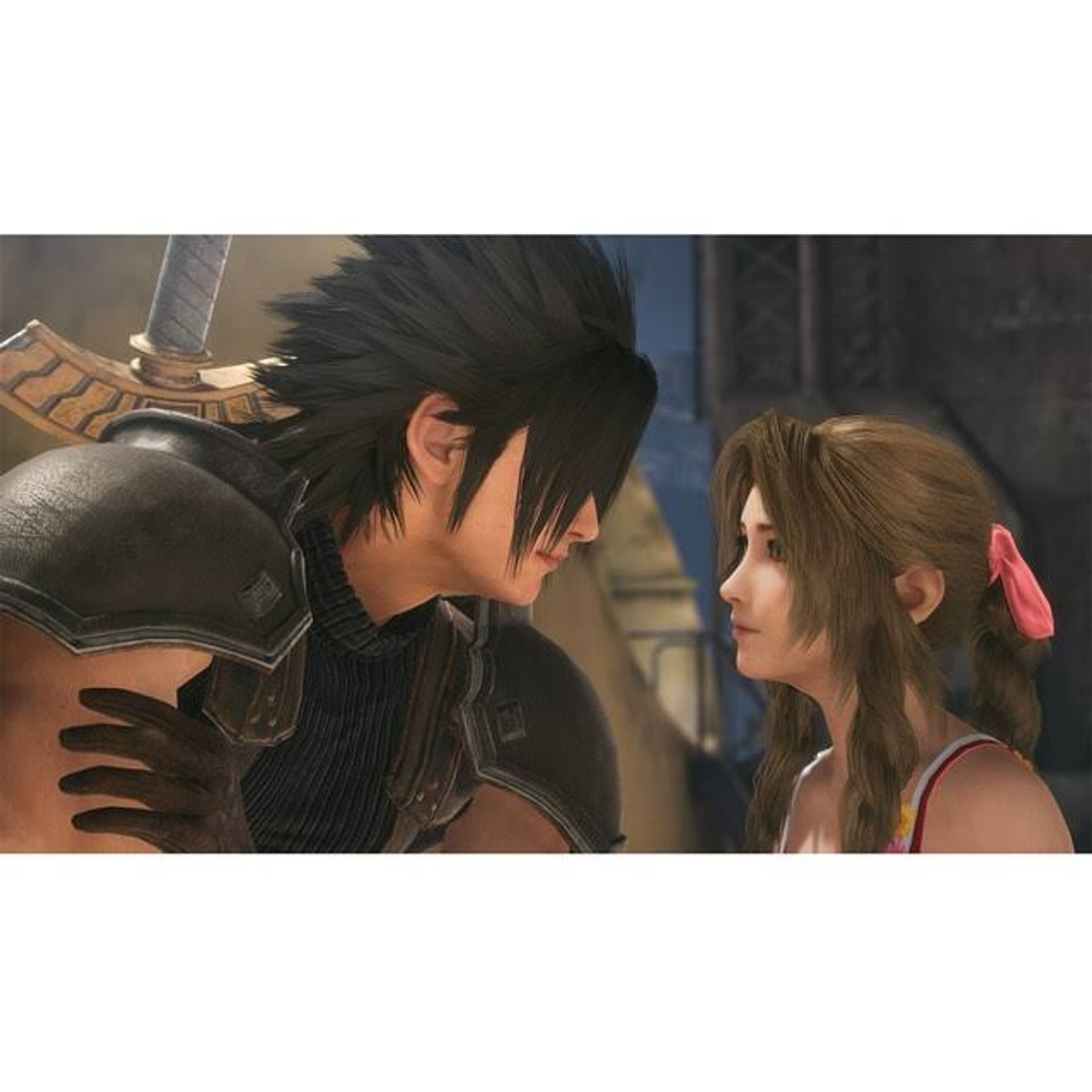 Dos personajes mirándose, uno con pelo negro y armadura, el otro con pelo castaño y un lazo rosa.
