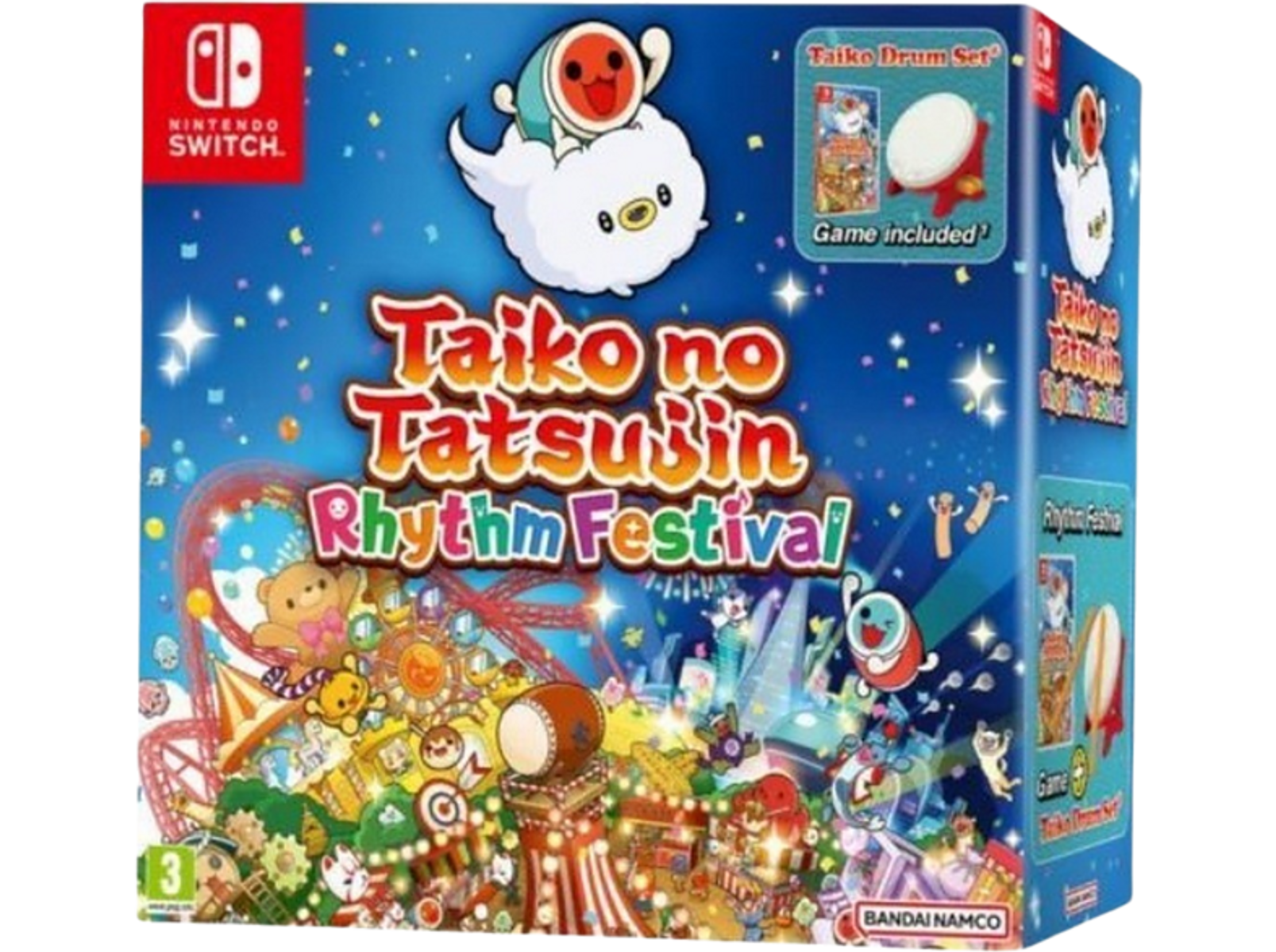 Caja del juego Taiko no Tatsujin Rhythm Festival: Personajes de dibujos animados, tambores y un fondo festivo.