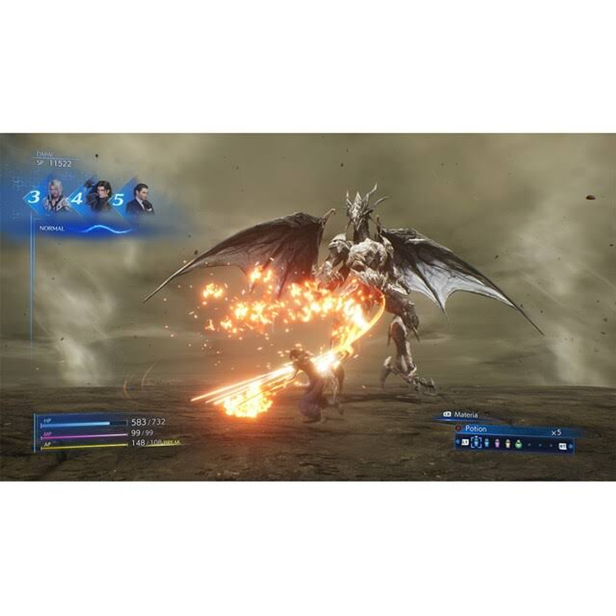 Una escena de videojuego con personajes luchando contra un monstruo parecido a un dragón. Fuego y efectos visibles.