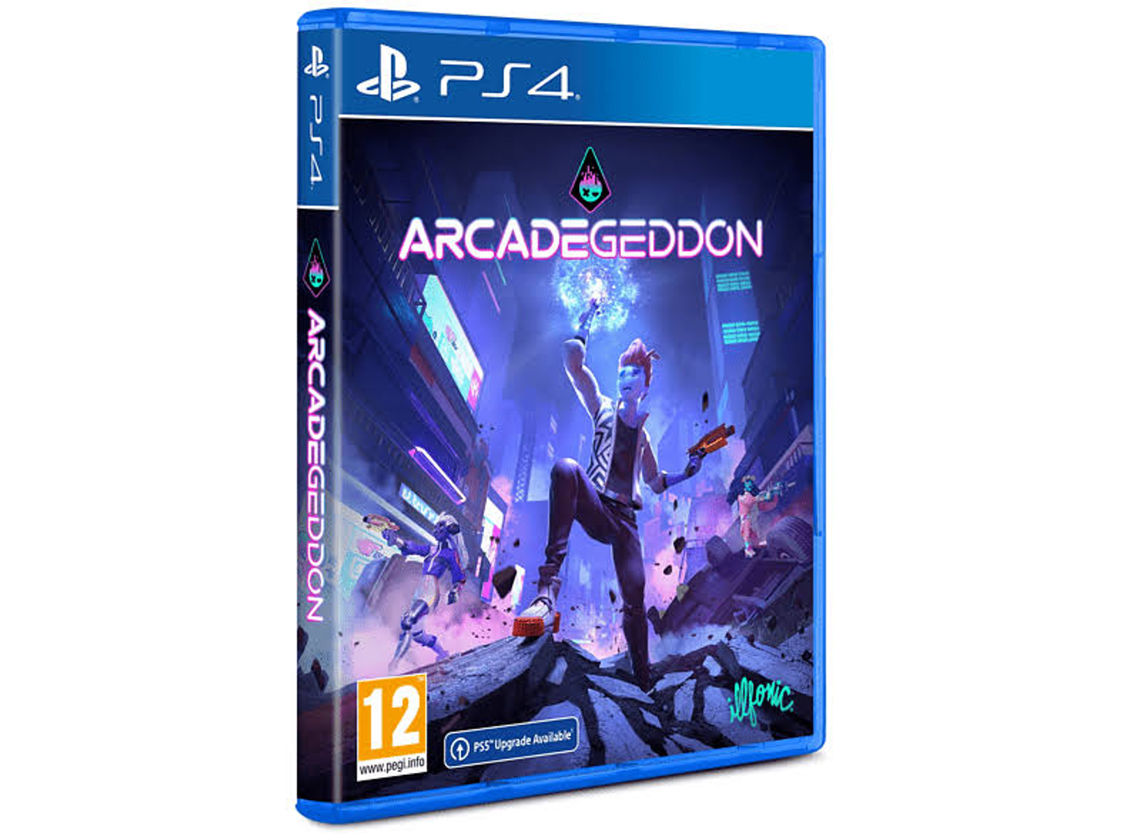 Portada del juego PS4: 'Arcegeddon'. Un personaje apunta con un arma en una escena urbana futurista.
