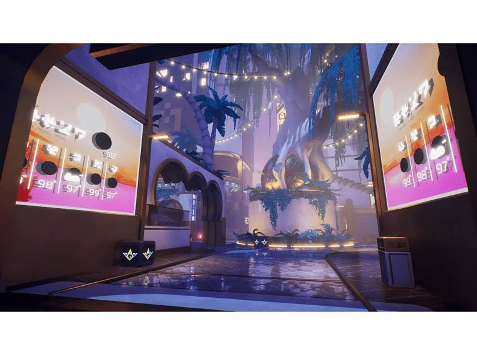 Una escena de juego con un paisaje urbano futurista y pantallas digitales con información del clima.