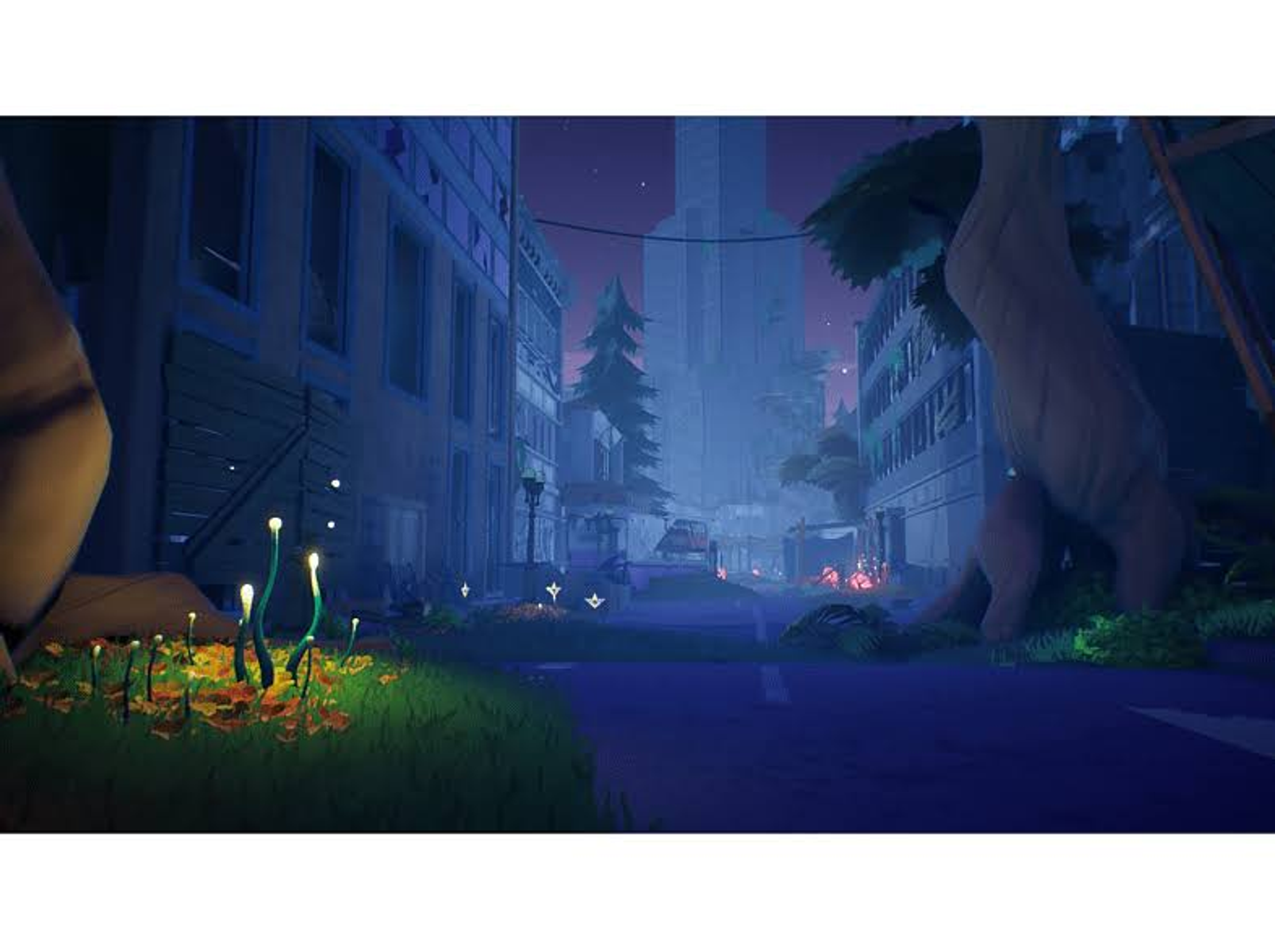 Escena nocturna en una ciudad. Edificios y extrañas plantas brillantes son visibles.