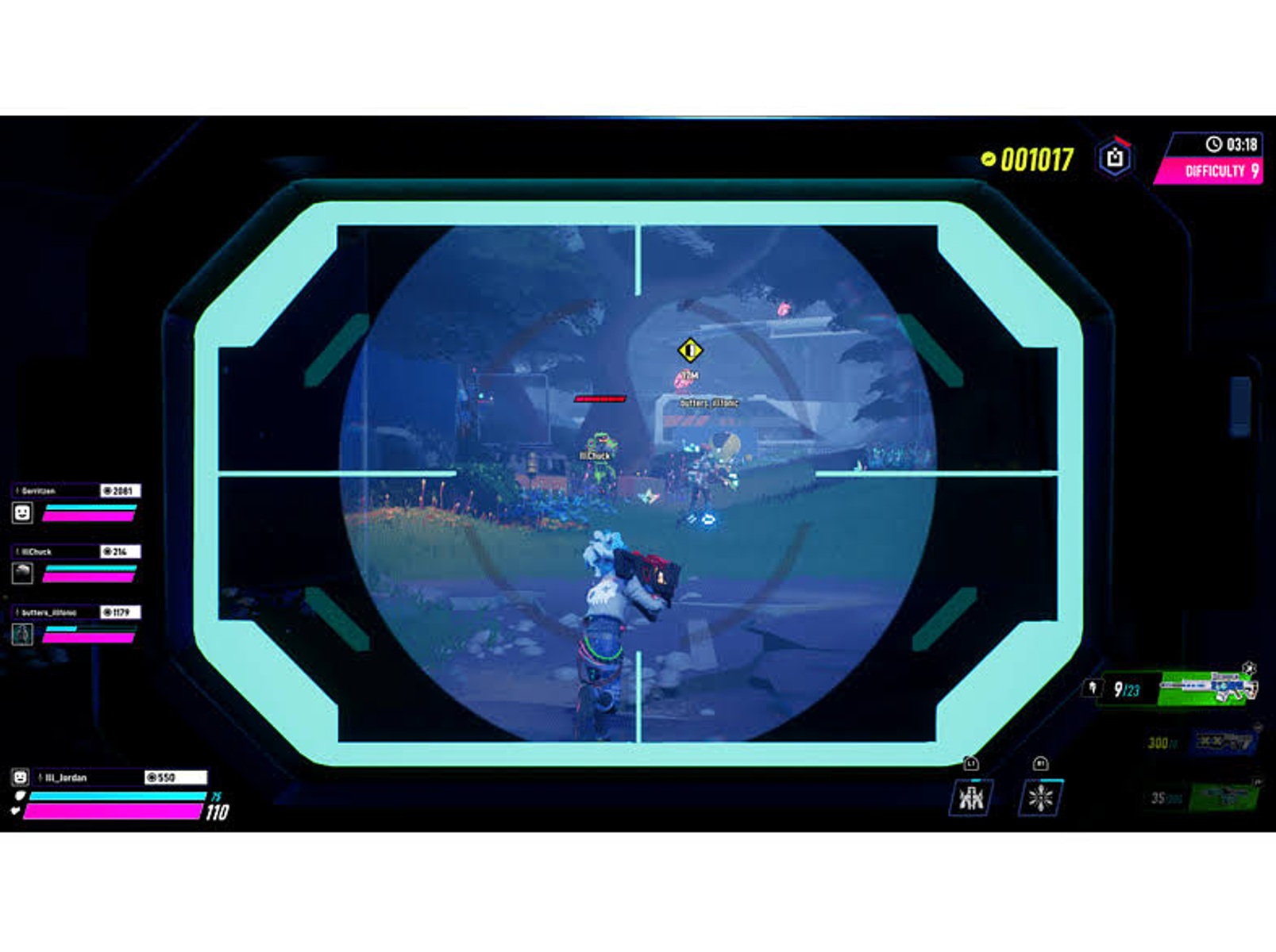 Una vista en primera persona de un videojuego. Una mira está centrada en los enemigos en un nivel.