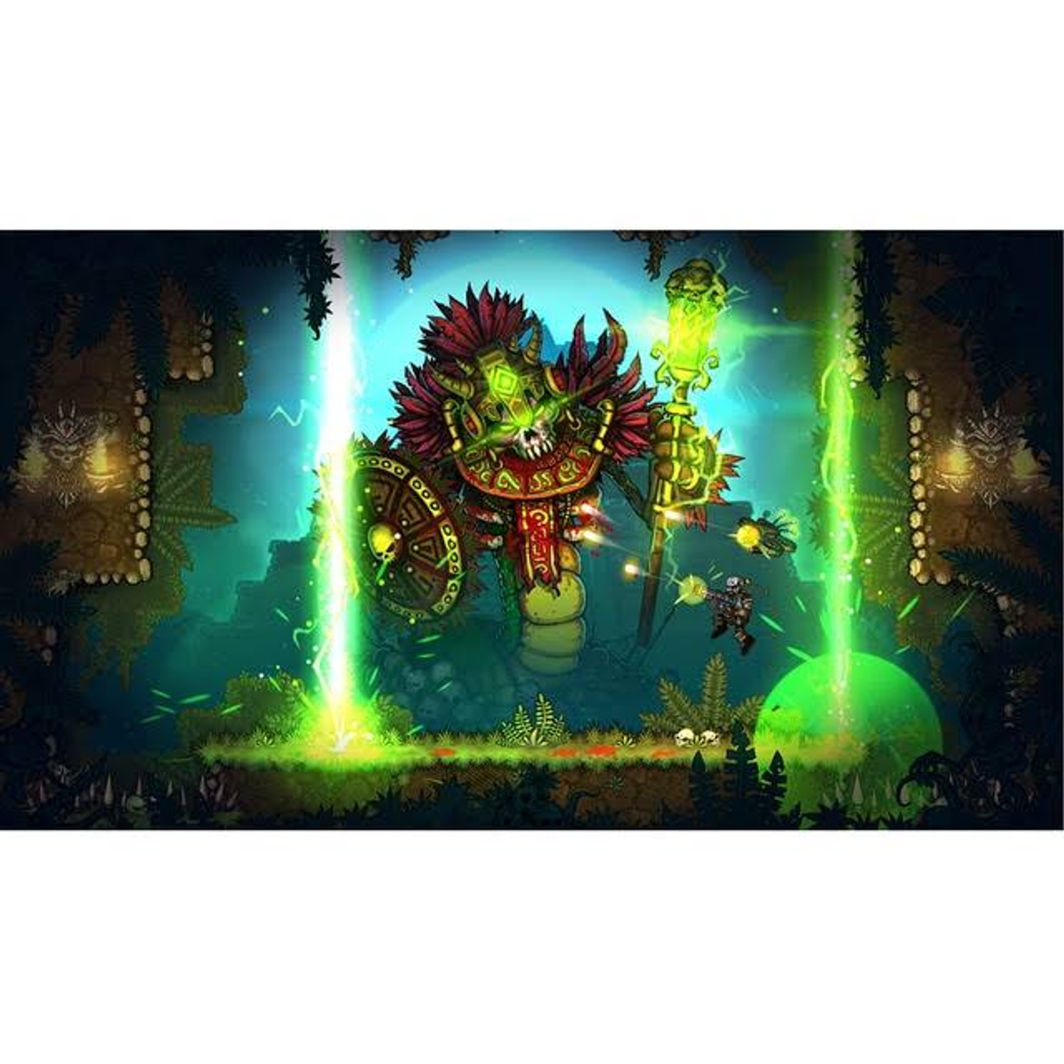 Una escena de juego que muestra una figura guerrera con un báculo, rodeada de energía verde y un monstruo.