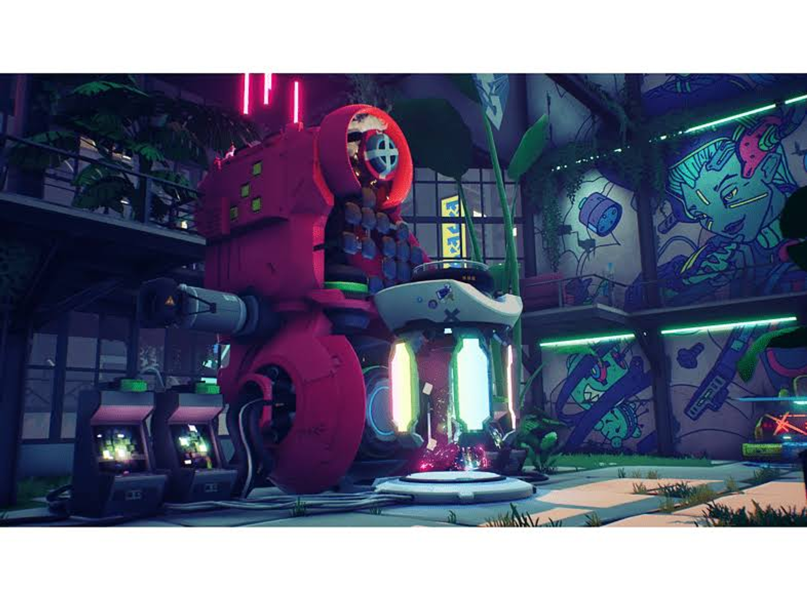 Un robot grande se encuentra en una escena colorida. Se ven arcadas y grafitis.