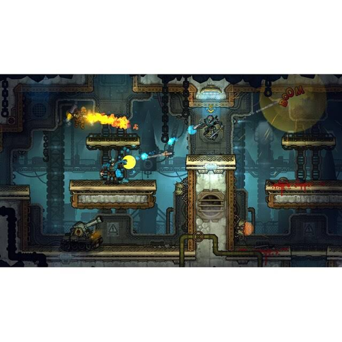 Una escena de juego de desplazamiento lateral con robots luchando en un entorno industrial oscuro.