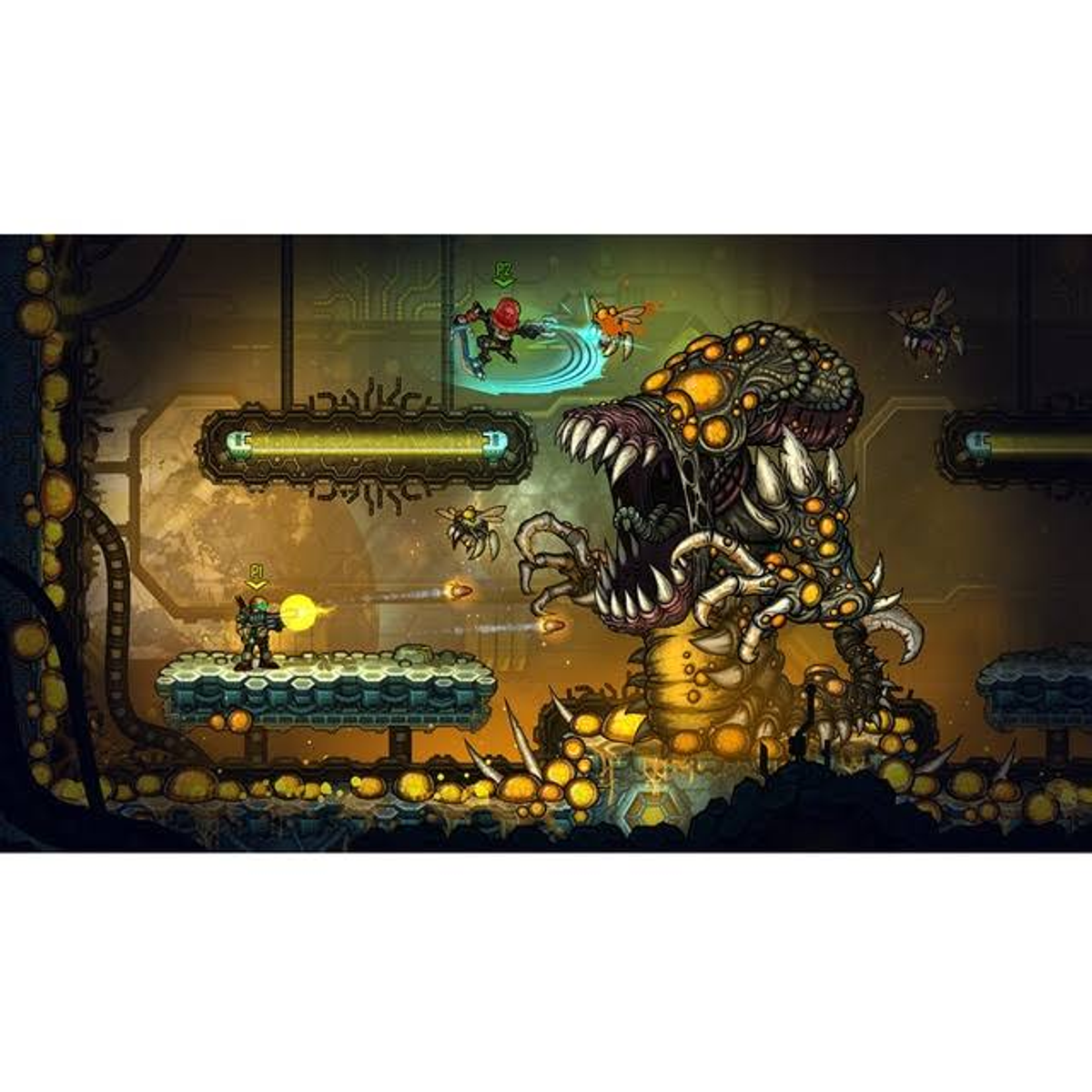 Una escena del juego muestra a dos personajes luchando contra un gran monstruo. Un personaje dispara. Oscuro y naranja.