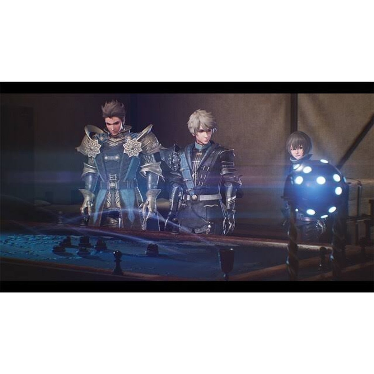 Tres personajes con armadura medieval alrededor de una mesa de juego con una esfera brillante.