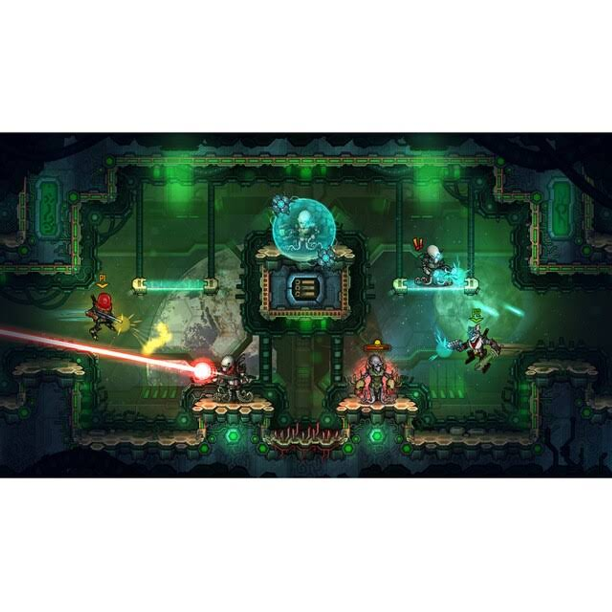 Una escena de videojuego de desplazamiento lateral con múltiples personajes en un entorno futurista de ciencia ficción.