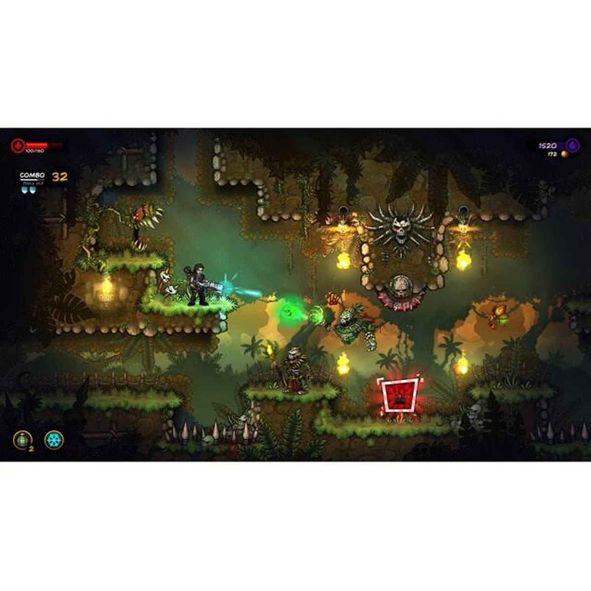 Una escena de videojuego con un personaje disparando a monstruos en un entorno pantanoso.