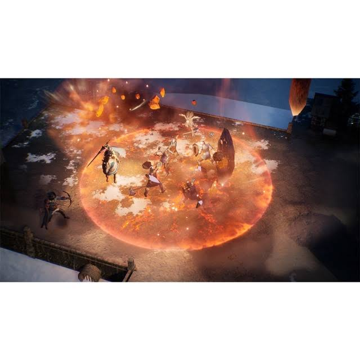 Vista desde arriba de una escena de batalla, con personajes luchando dentro de un área circular naranja.