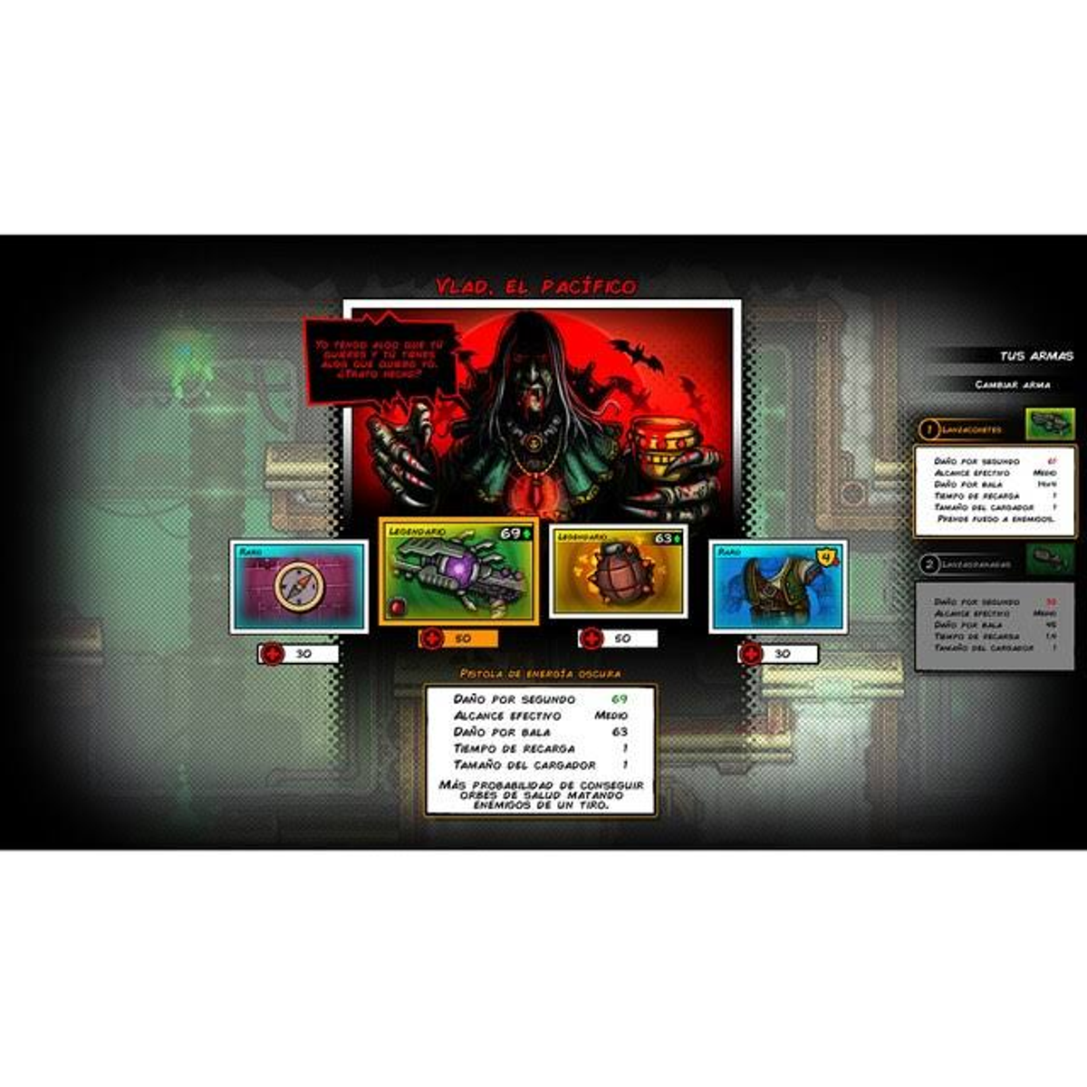 Menú del juego: Una figura de pelo oscuro con un arma, texto en español y varias opciones de armas.