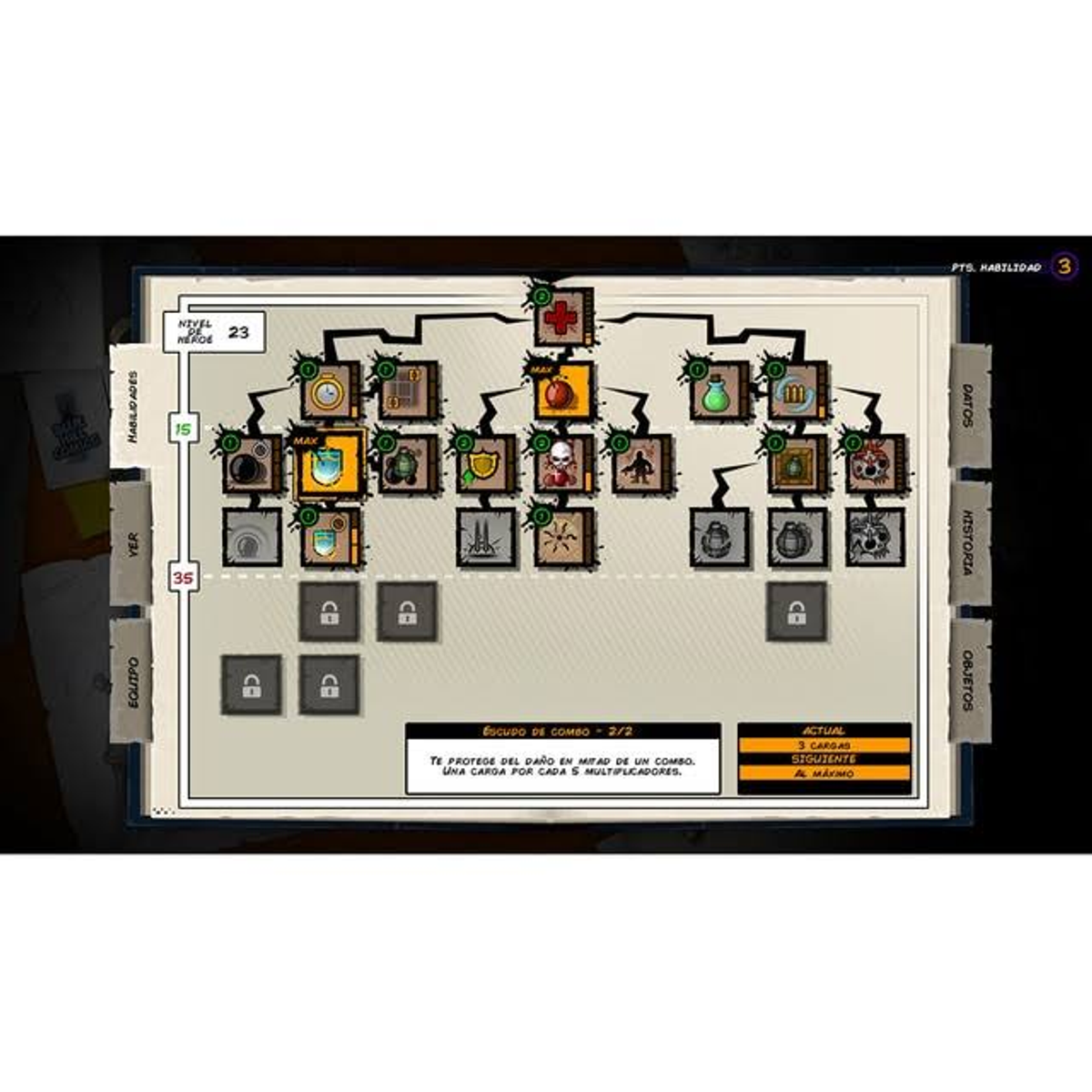 Interfaz de juego: árbol de habilidades, iconos, barra de salud, nivel, escudo.