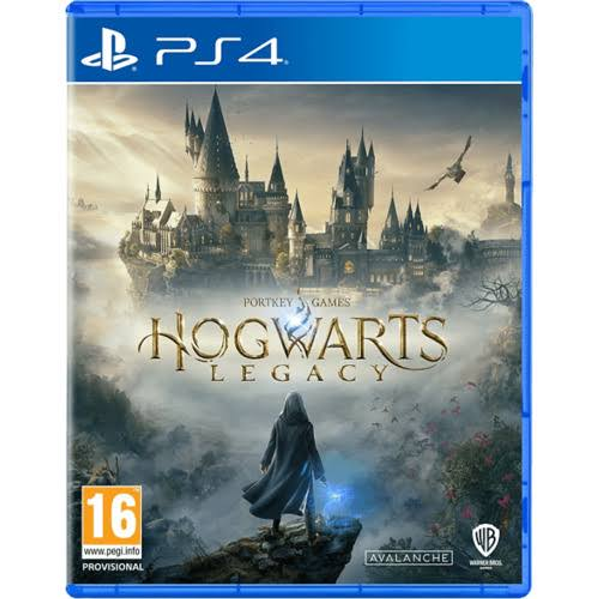 Caja de juego PS4: Hogwarts Legacy. Personaje en acantilado, castillo al fondo.