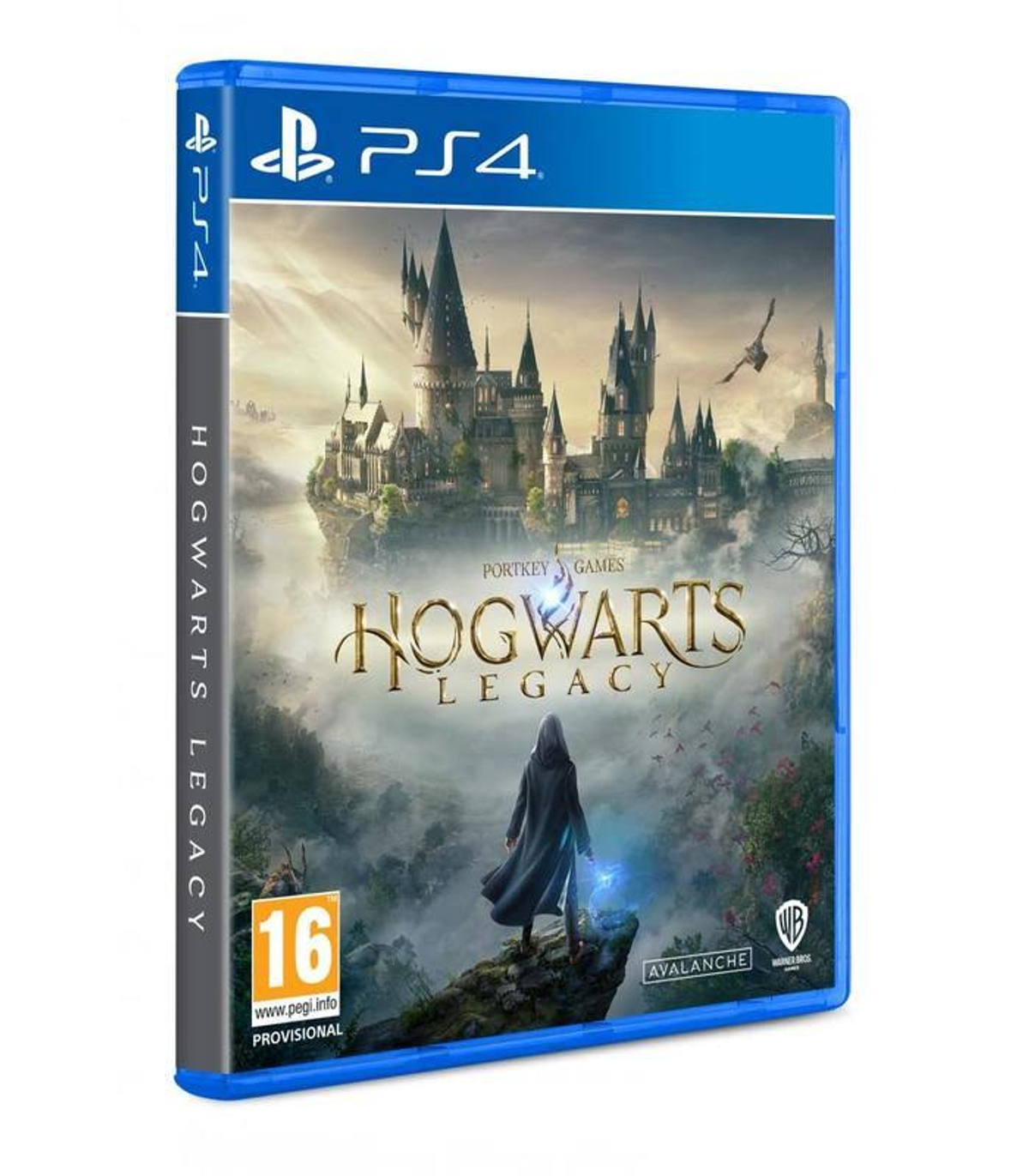 Caja del juego de PS4 de Hogwarts Legacy. Presenta un castillo y una persona con una varita.