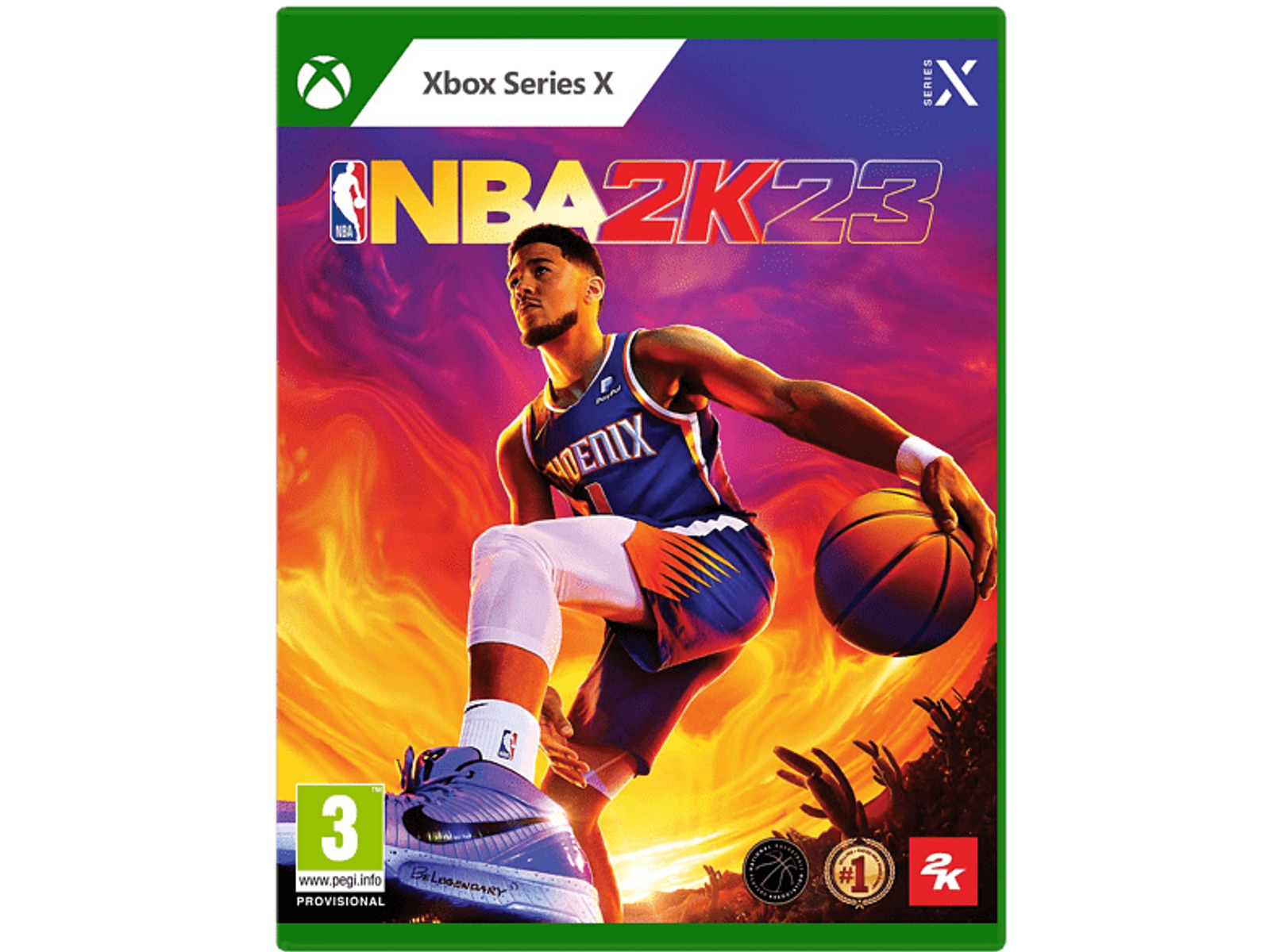 Portada del juego NBA 2K23 Xbox Series X. Jugador de baloncesto con un balón. Fondo verde.