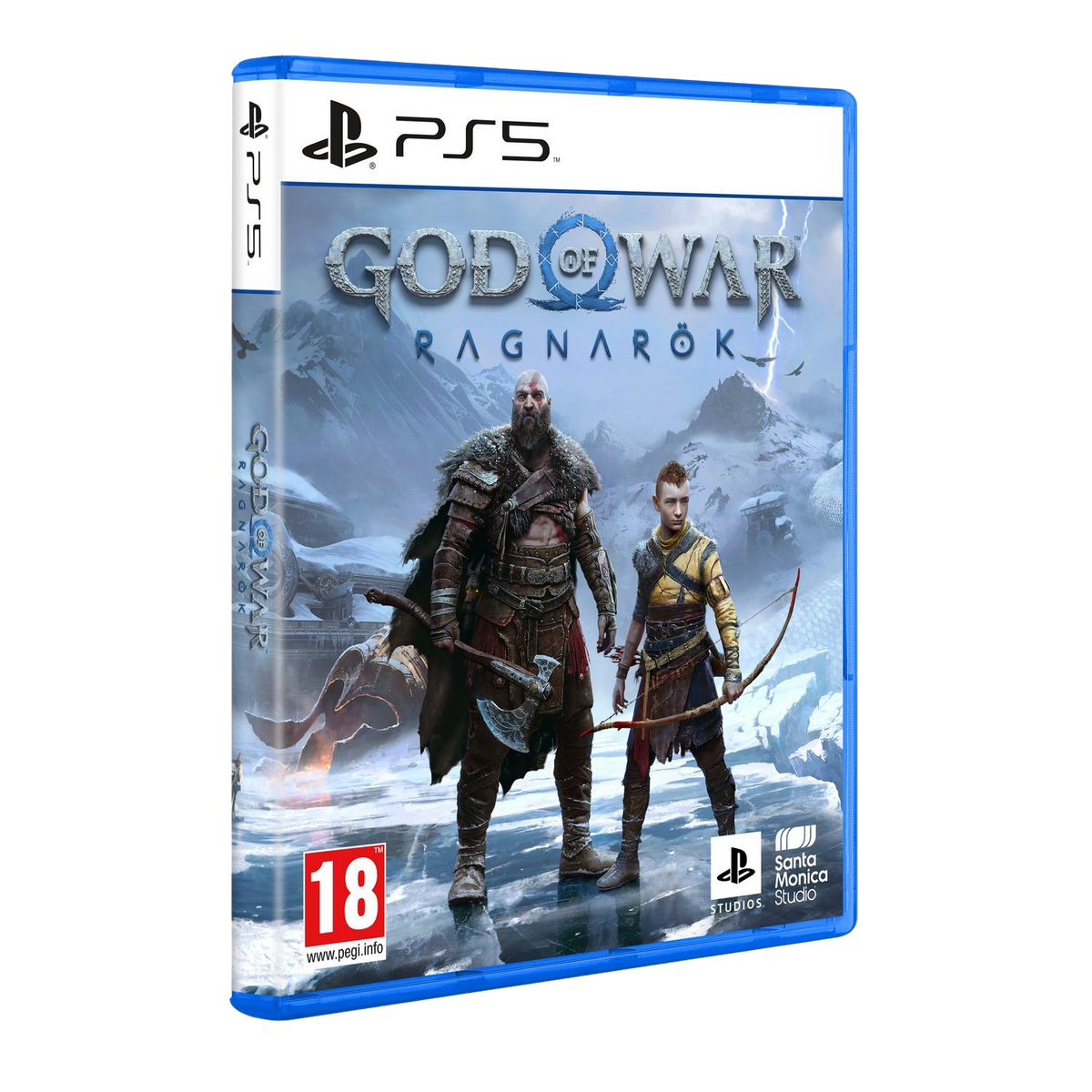 Okładka gry God of War Ragnarok, przedstawiająca dwie postacie, mężczyznę i chłopca, w zaśnieżonym krajobrazie.