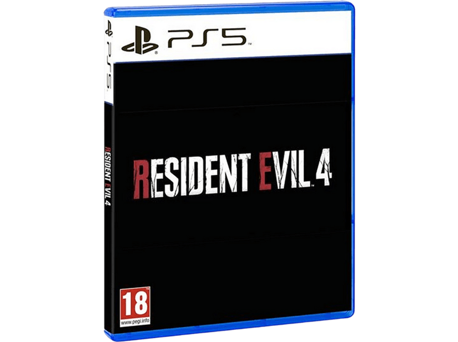 Arte de la caja del juego para Resident Evil 4 en PS5. Presenta el título del juego sobre un fondo negro.