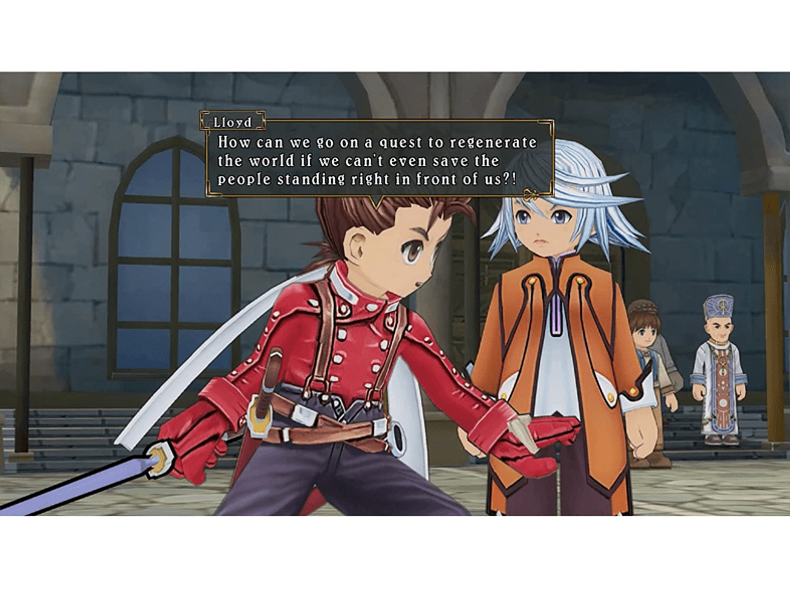 Dwie postacie z anime w scenie gry, jedna w czerwonym płaszczu, druga w pomarańczowym.