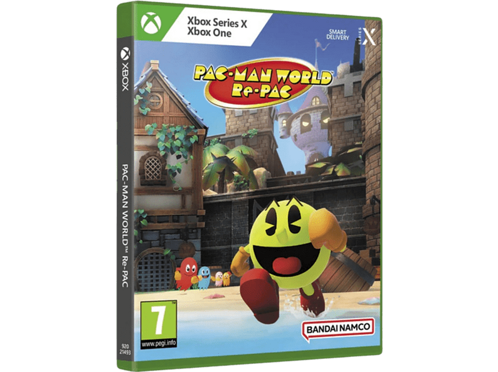 Arte de la caja del juego Pac-Man World Re-Pac en Xbox, con Pac-Man corriendo en un mundo de juego vibrante.