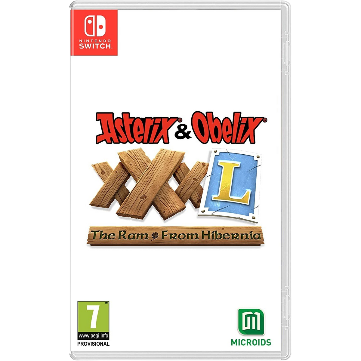 Pudełko z grą na Nintendo Switch. Tytuł: Asterix & Obelix. Zawiera drewniane deski i niebieskie 'L' na okładce.