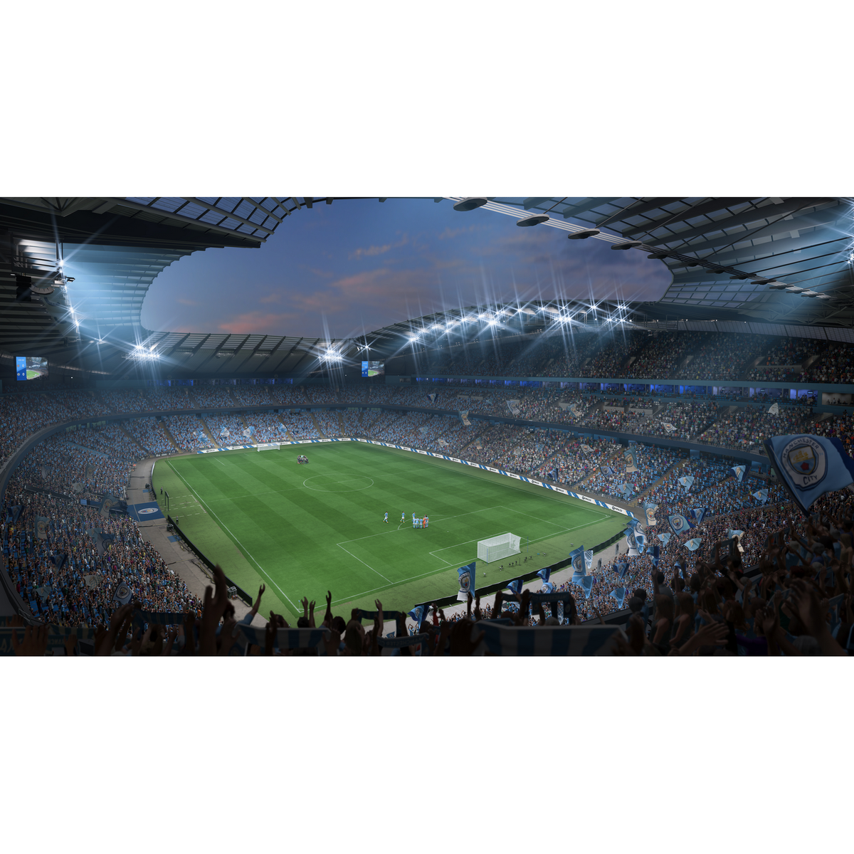 Stadion piłkarski wypełniony kibicami. Gracze są na boisku pod jasnym oświetleniem.
