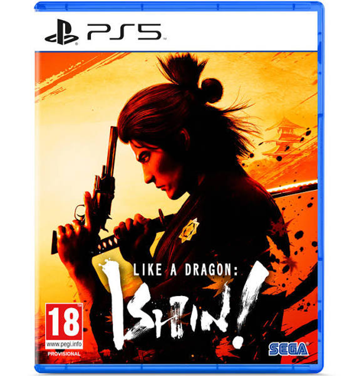 Caja del juego Like a Dragon: Ishin! en PS5, con un personaje similar a un samurái sosteniendo un arma.
