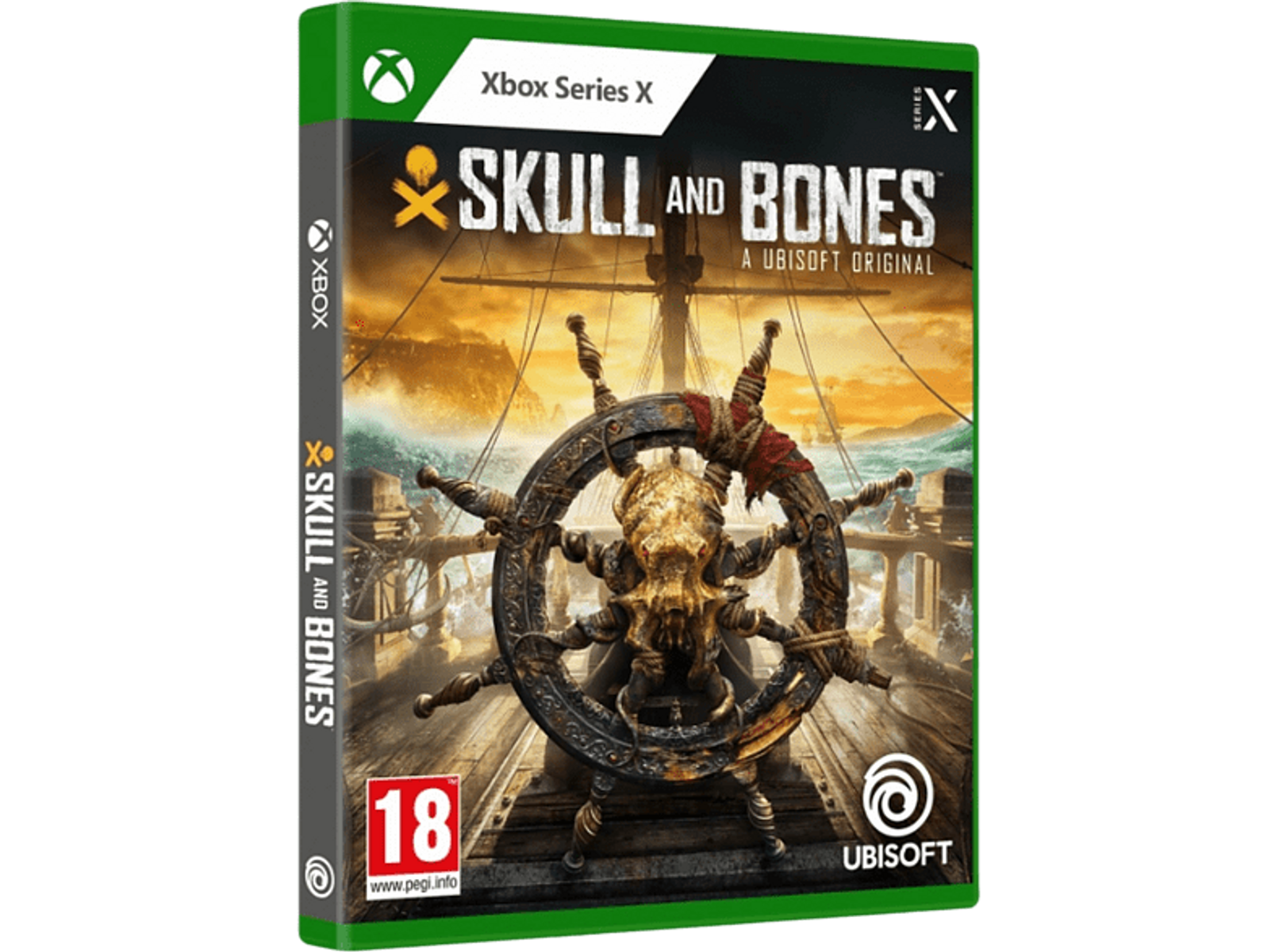 Pudełko gry Xbox: Skull and Bones, koło sterowe statku, ciemne tło oceanu, z czaszką i kośćmi.