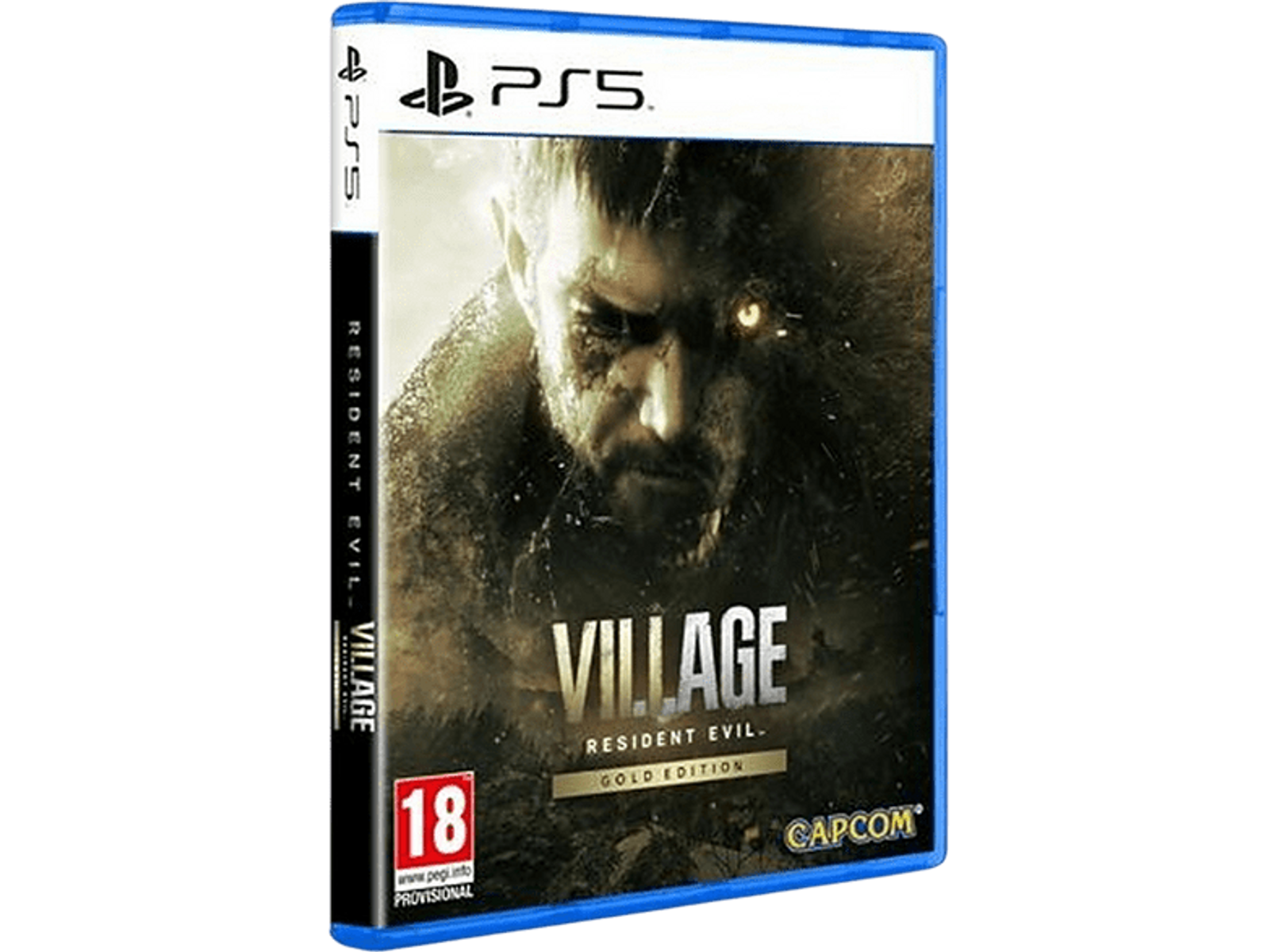Copertina del gioco PS5: Resident Evil Village, Gold Edition. La faccia di un uomo è al centro, con testo dorato.