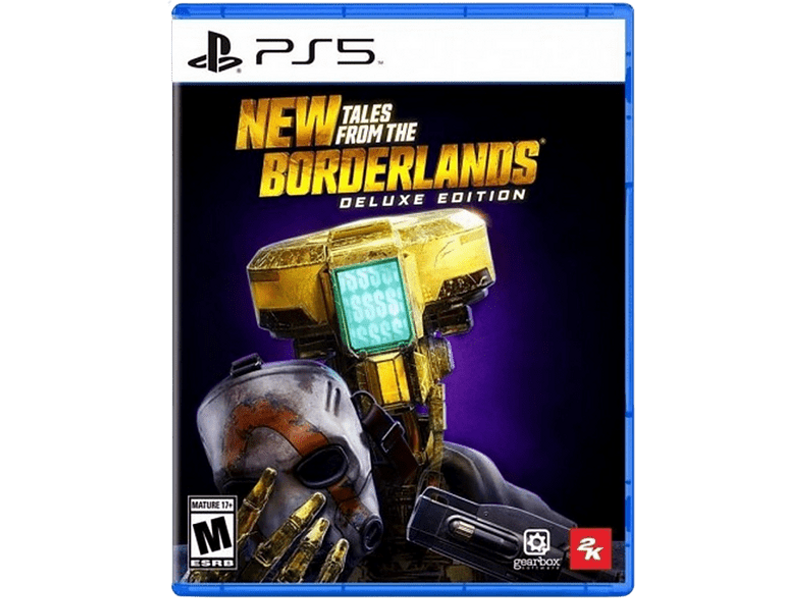 Caja del juego de PS5 de New Tales from the Borderlands. Presenta un robot y una persona.
