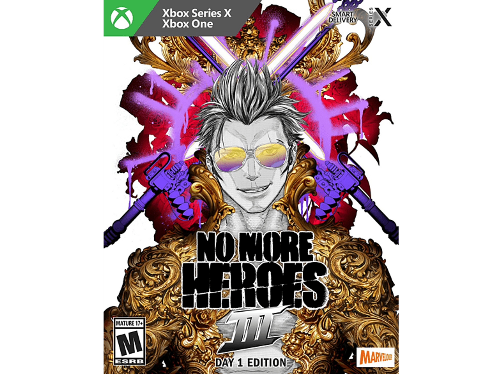 Copertina del gioco No More Heroes 3. Un uomo con gli occhiali da sole, due spade. Design dorato con testo viola.