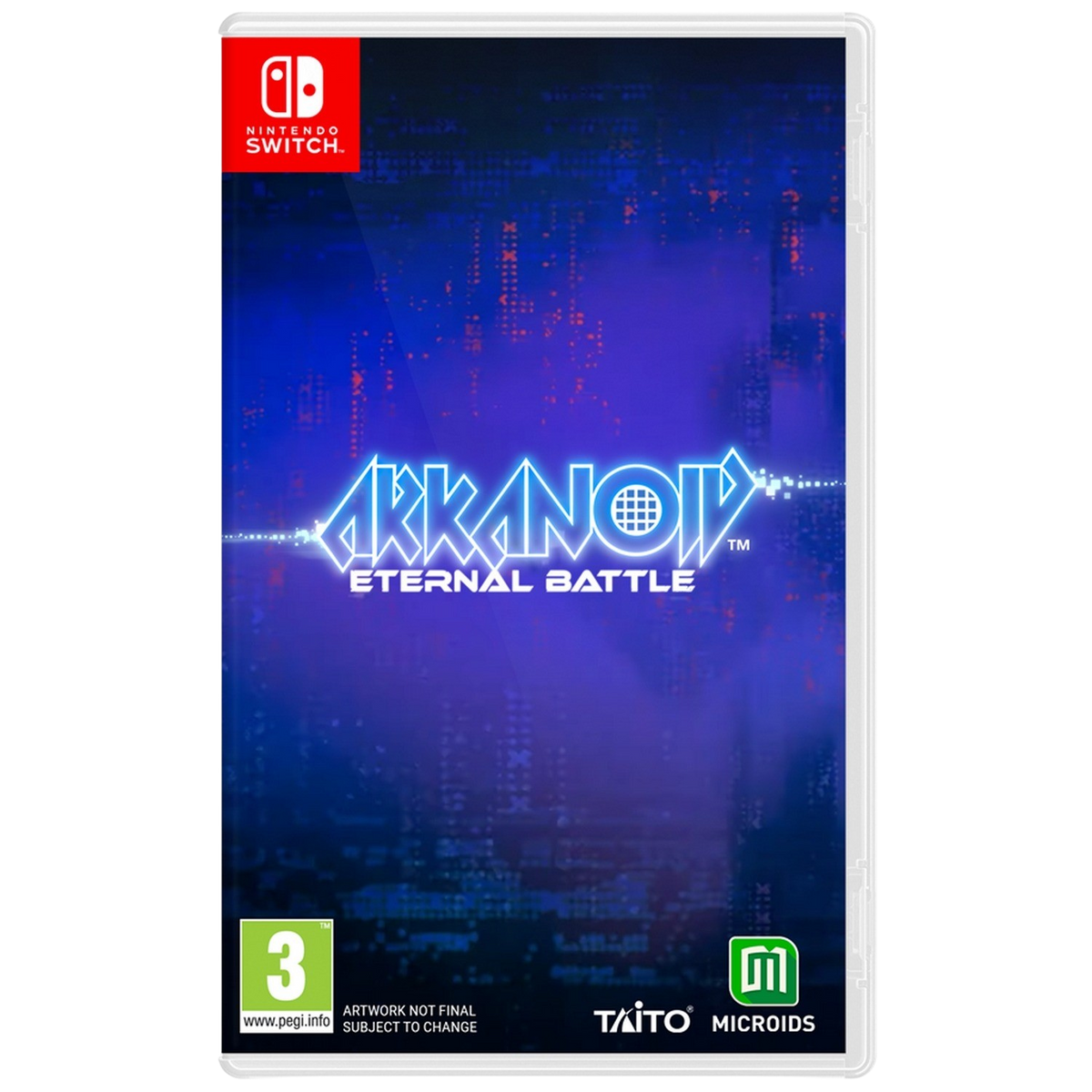 Nintendo Switch game case. Titel: Arkanoid Eternal Battle. Blauwe en paarse achtergrond, met game logo.