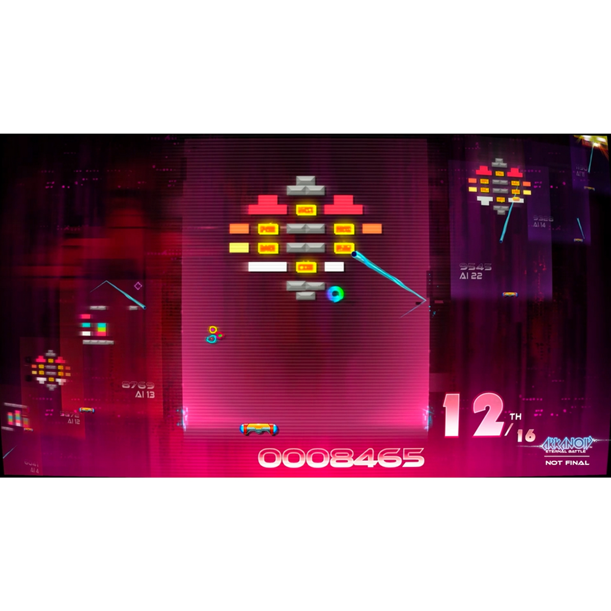 Screenshot van een retro arcade game. Een schip schiet lasers op blokken. Score en andere info worden weergegeven.