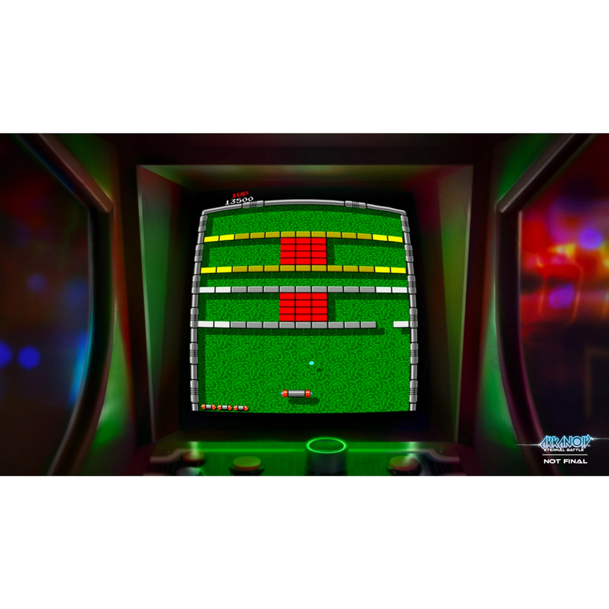 Arcade gamescherm: Groene achtergrond, rode blokken, een ruimteschip en een hoge score.