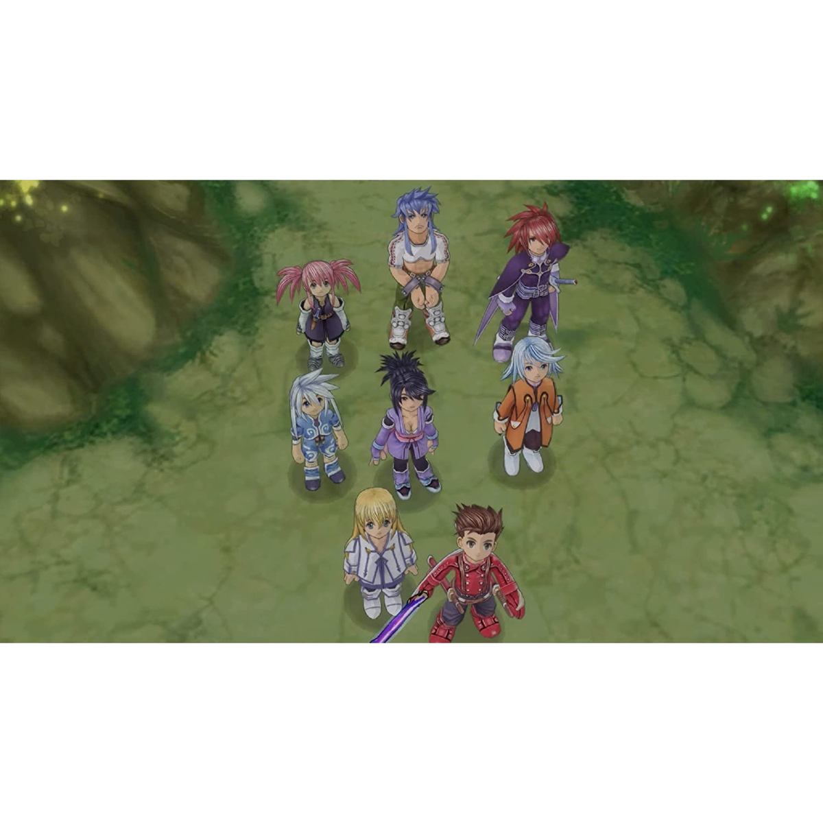 Grupa dziewięciu postaci w stylu anime stojących w okręgu na trawiastym polu.