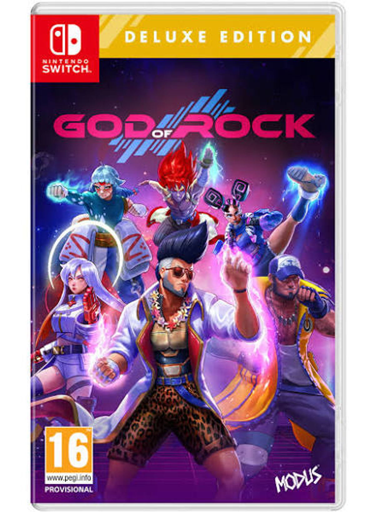 Portada del juego God of Rock. Personajes en acción. Fondo colorido. Deluxe Edition en una caja de Nintendo Switch.