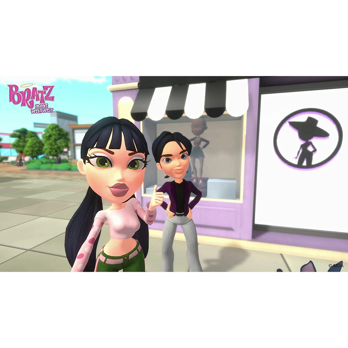 Twee Bratz-poppen voor een winkel. Eén geeft een duim omhoog.