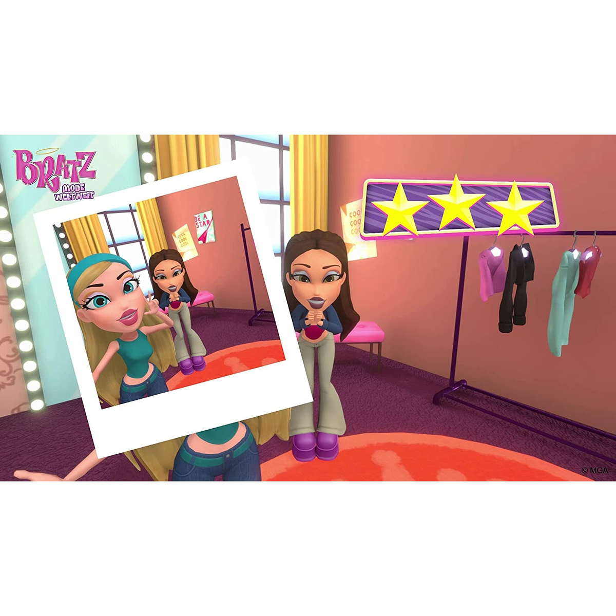 Een Bratz-spelscène met poppen, een fotolijst en een podium met sterren en kleding.
