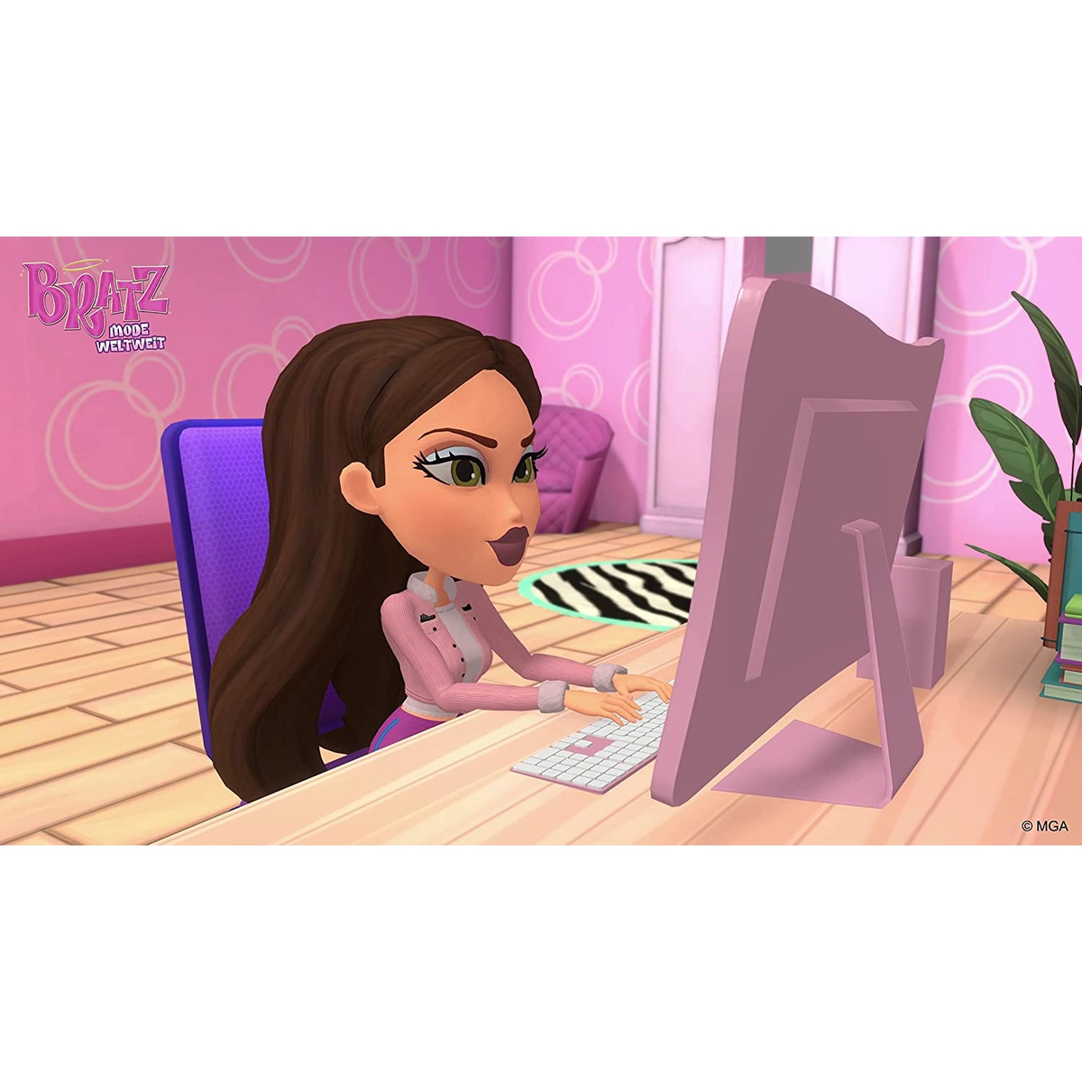 Stripfiguur met bruin haar en roze outfit gebruikt een computer in een roze kamer.