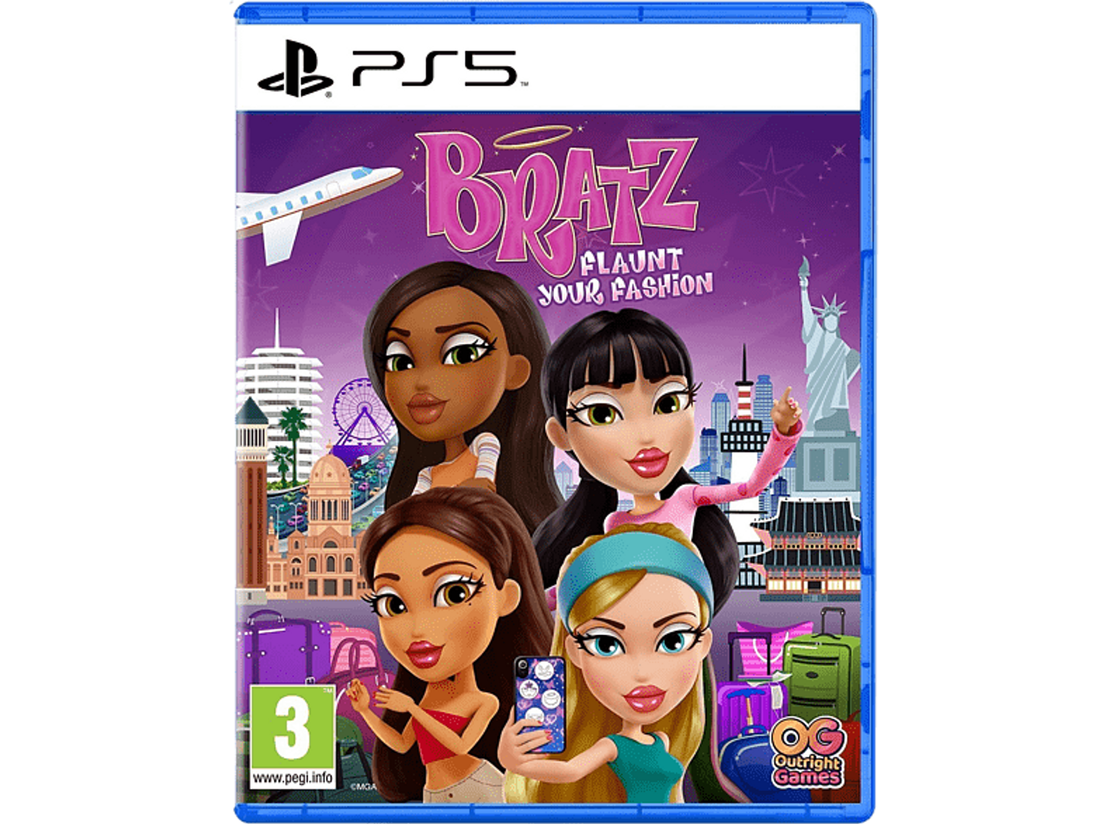 Een PS5-gamecover met vier Bratz-personages in een stedelijke omgeving met een straalvliegtuig en diverse bagage.