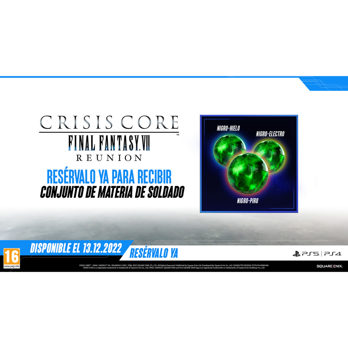 Anuncio del juego, Crisis Core, Final Fantasy VII Reunion. Orbes verdes y texto. Logos PS5 y PS4.