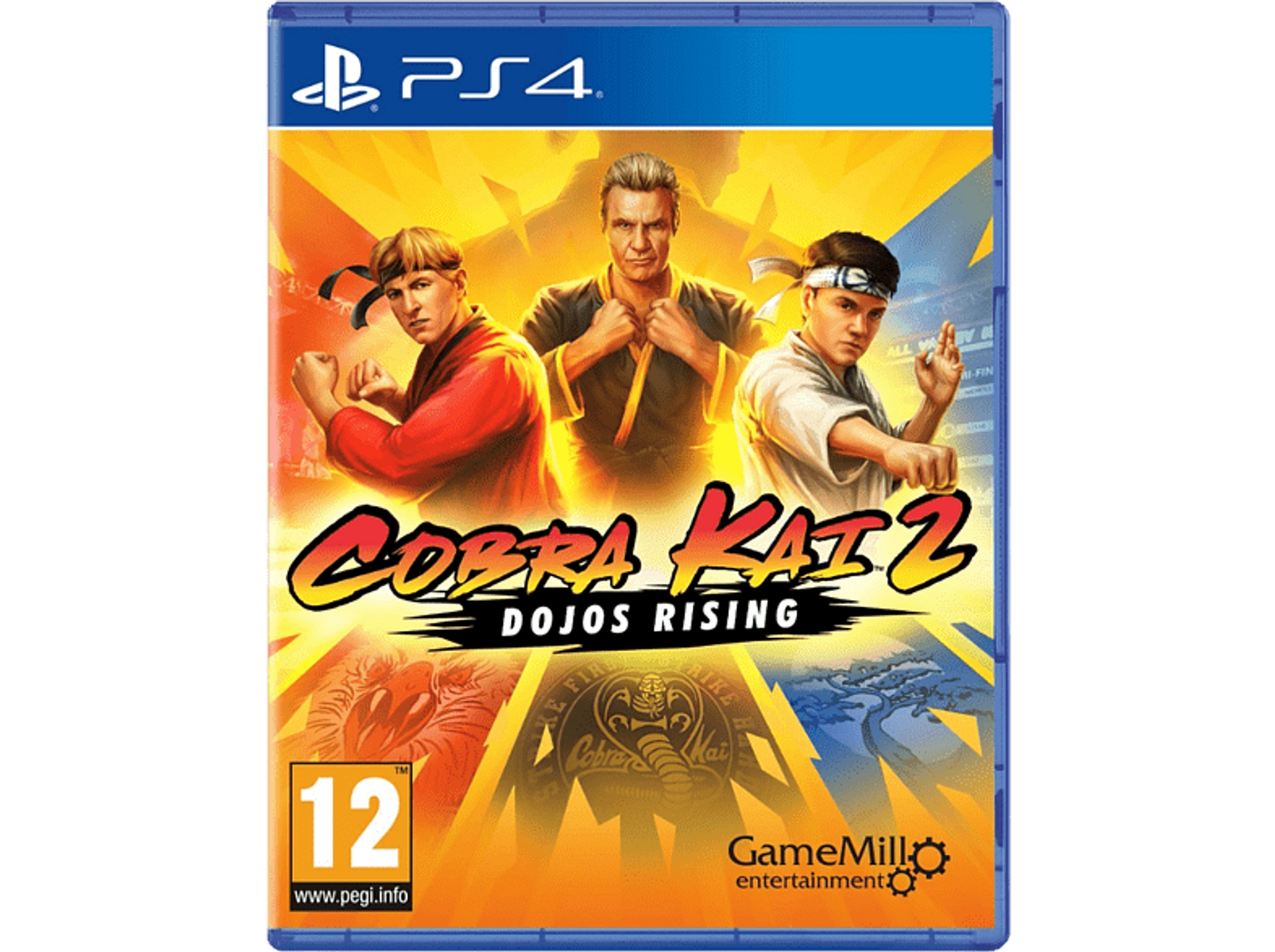 Caja del juego Cobra Kai 2: Dojos Rising. Tres hombres en poses de artes marciales en la portada.