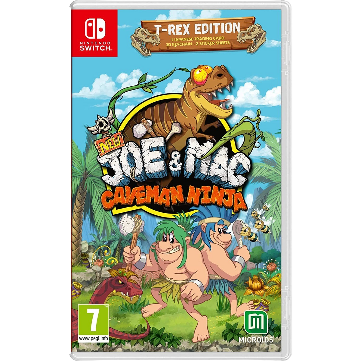 Arte de la caja del videojuego 'Joe & Mac Caveman Ninja'. Presenta a dos cavernícolas y un dinosaurio.