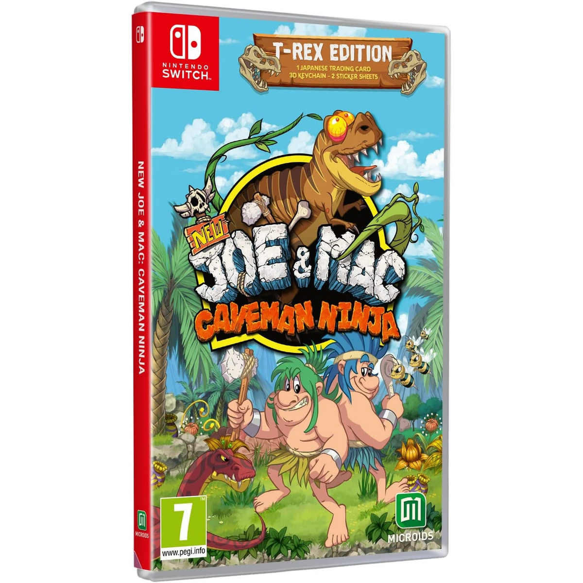 Caja del juego New Joe & Mac: Caveman Ninja con la edición T-Rex y el logotipo de Nintendo Switch.