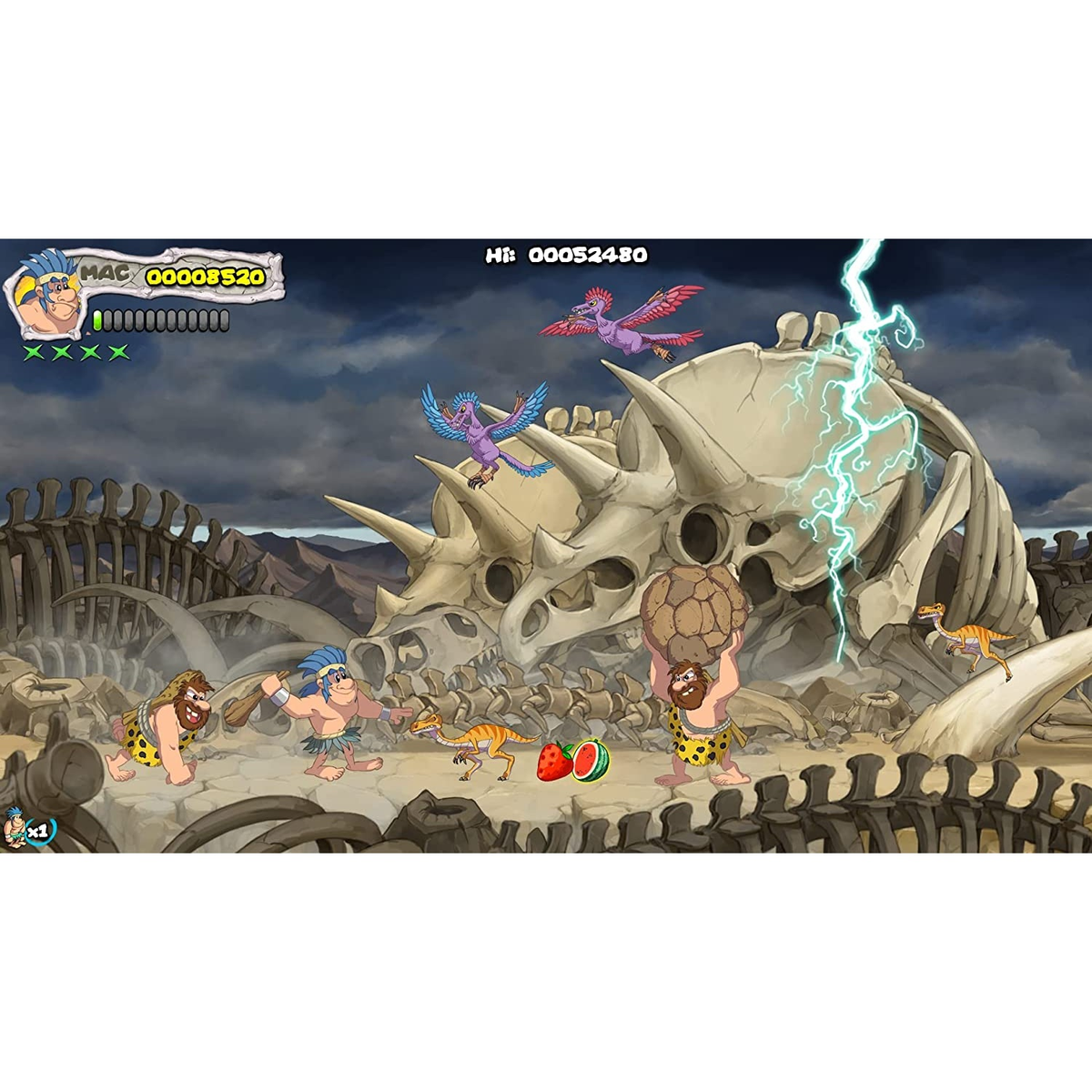 Ein Cartoonbild von Höhlenmenschen, die Dinosaurier in einer prähistorischen Landschaft bekämpfen.