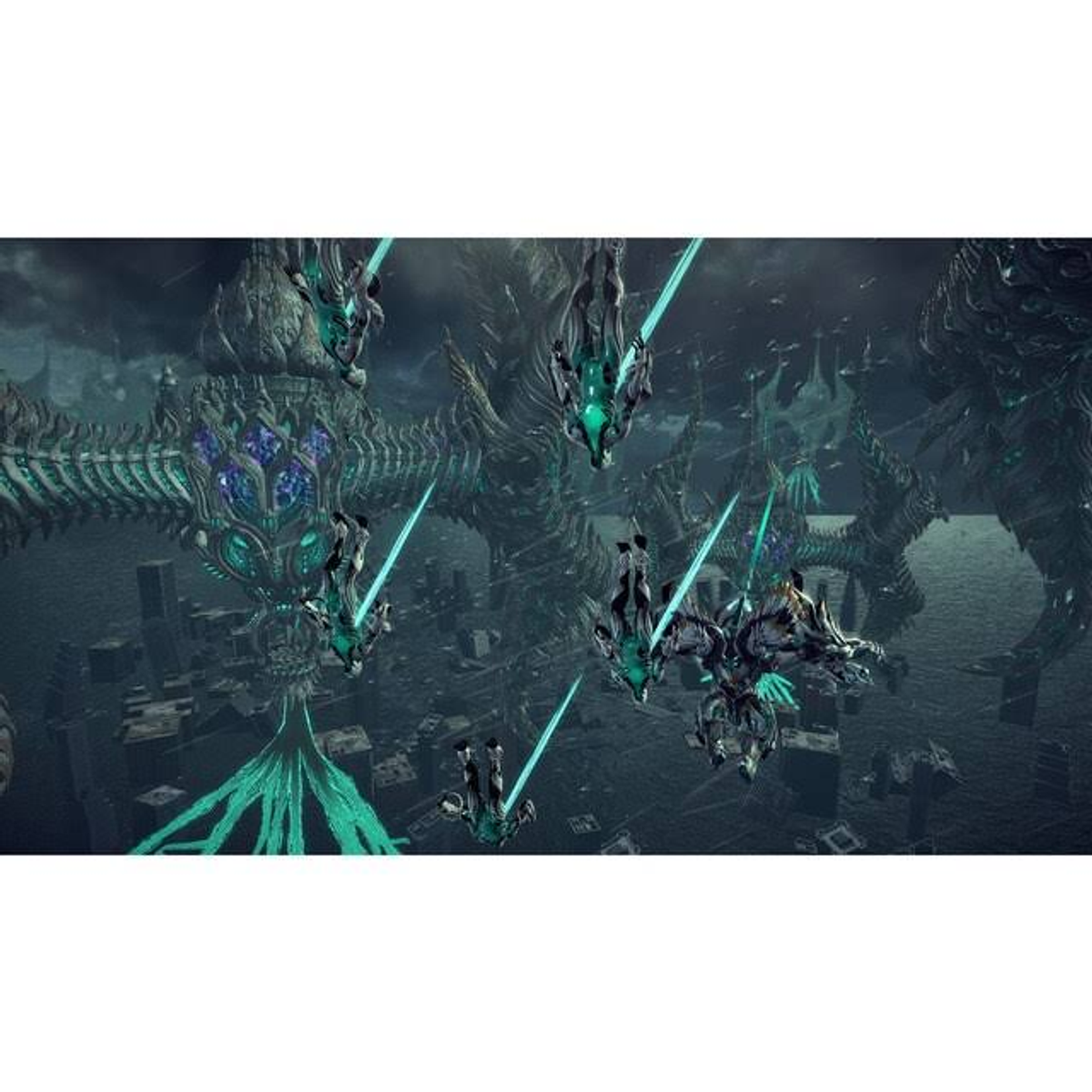 Videospiel-Screenshot. Mehrere Figuren mit leuchtenden Klingen fliegen vor dunklem Hintergrund.