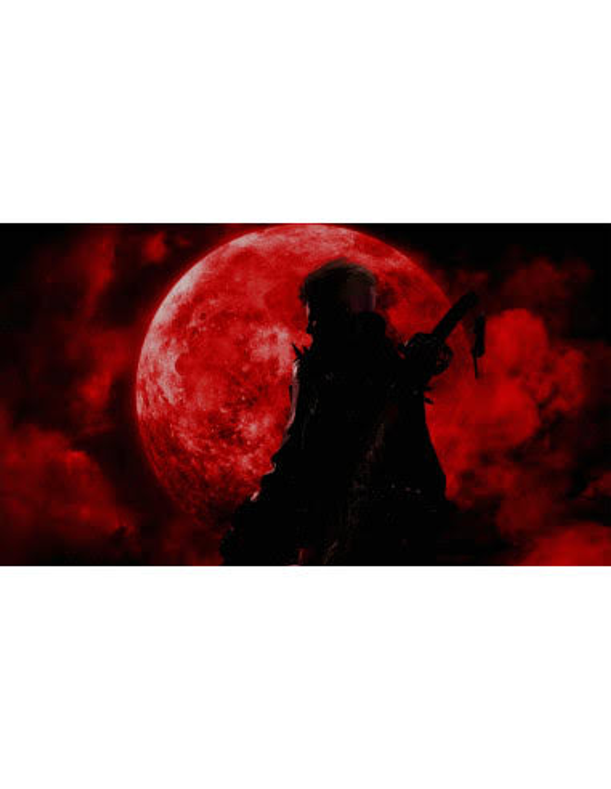 Silhouette einer Person mit Waffe vor großem rotem Mond und rotem Himmel.