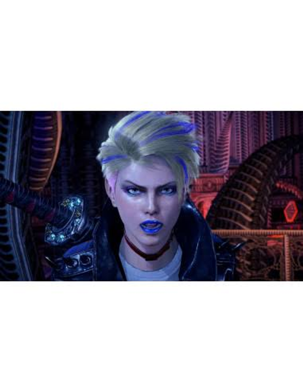 Nahaufnahme einer Frau mit blau gesträhntem blondem Haar und blauem Lippenstift, die in die Kamera schaut.