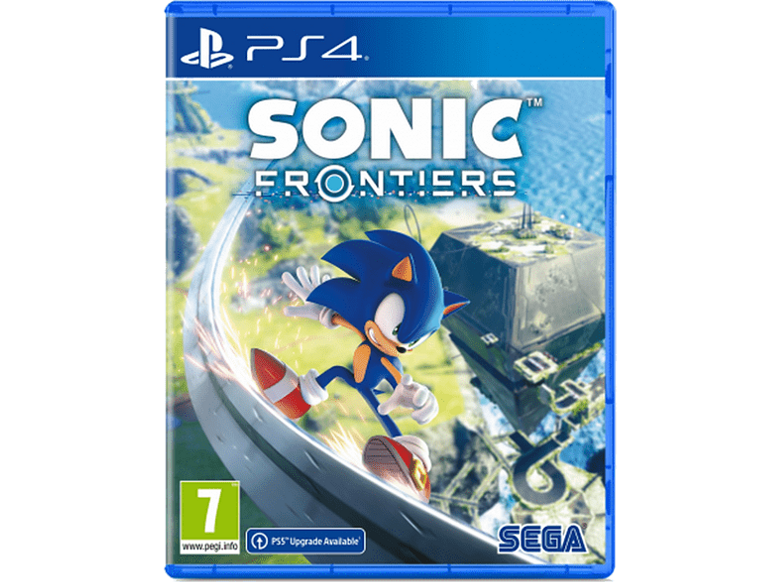 Arte de la portada del juego 'Sonic Frontiers' en PS4, con Sonic corriendo sobre un carril plateado.