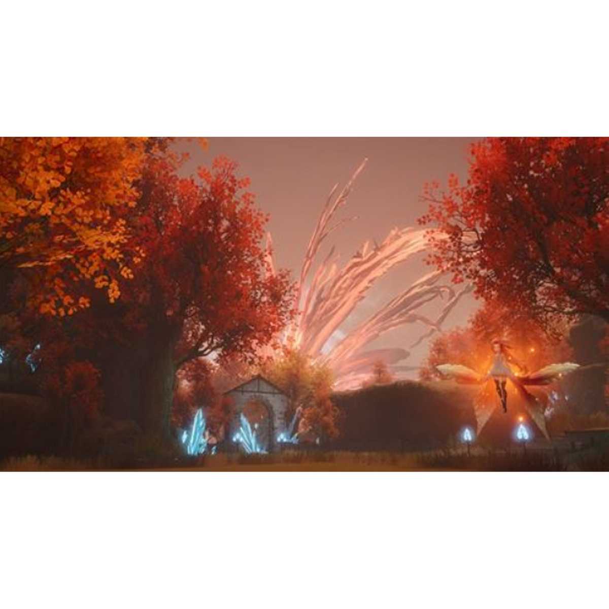 Una scena autunnale con alberi rossi, cristalli blu e una figura luminosa in un paesaggio fantasy.